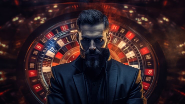Meja permainan blackjack dengan kartu dan chip taruhan dalam suasana modern