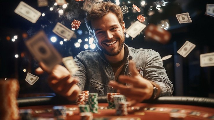 Mesin slot digital dengan simbol buah dan angka jackpot berwarna cerah